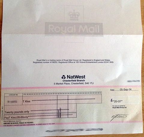 I Received A £20.00 Cheque From The Royal  Mail As Compensation Following A Postman Driving Dangerously